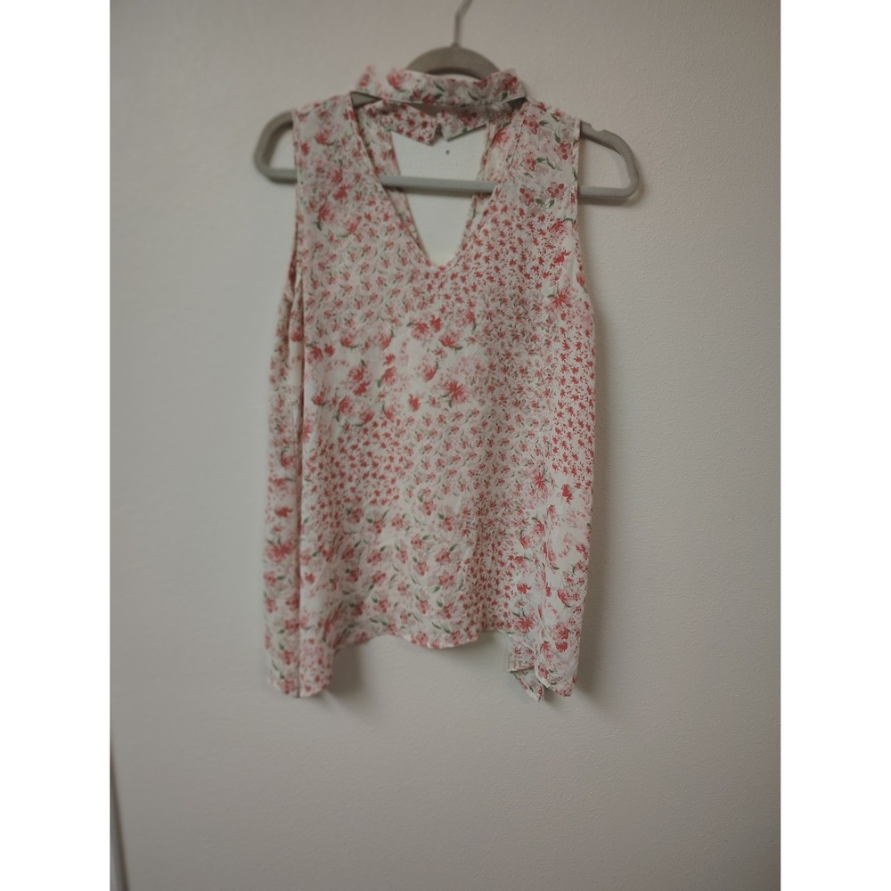 Caption Concept Pink Floral Mock Neck Choker V-Neck‎ Sleeveless Blouse Medium
